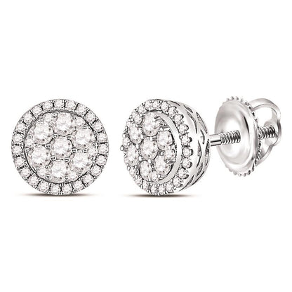 14k White Gold Round Diamond Flower Halo Cluster Earrings 1/2 Ctw