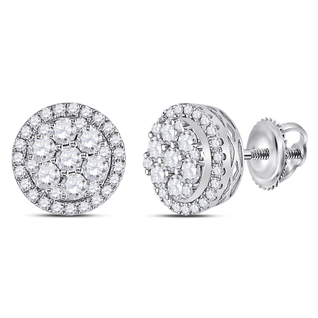 14k White Gold Round Diamond Flower Halo Cluster Earrings 7/8 Ctw