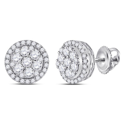 14k White Gold Round Diamond Flower Halo Cluster Earrings 7/8 Ctw