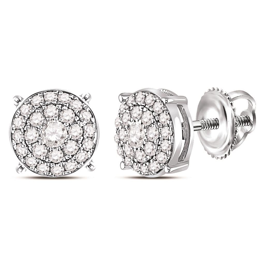 14k White Gold Round Diamond Concentric Circle Cluster Earrings 1/4 Cttw