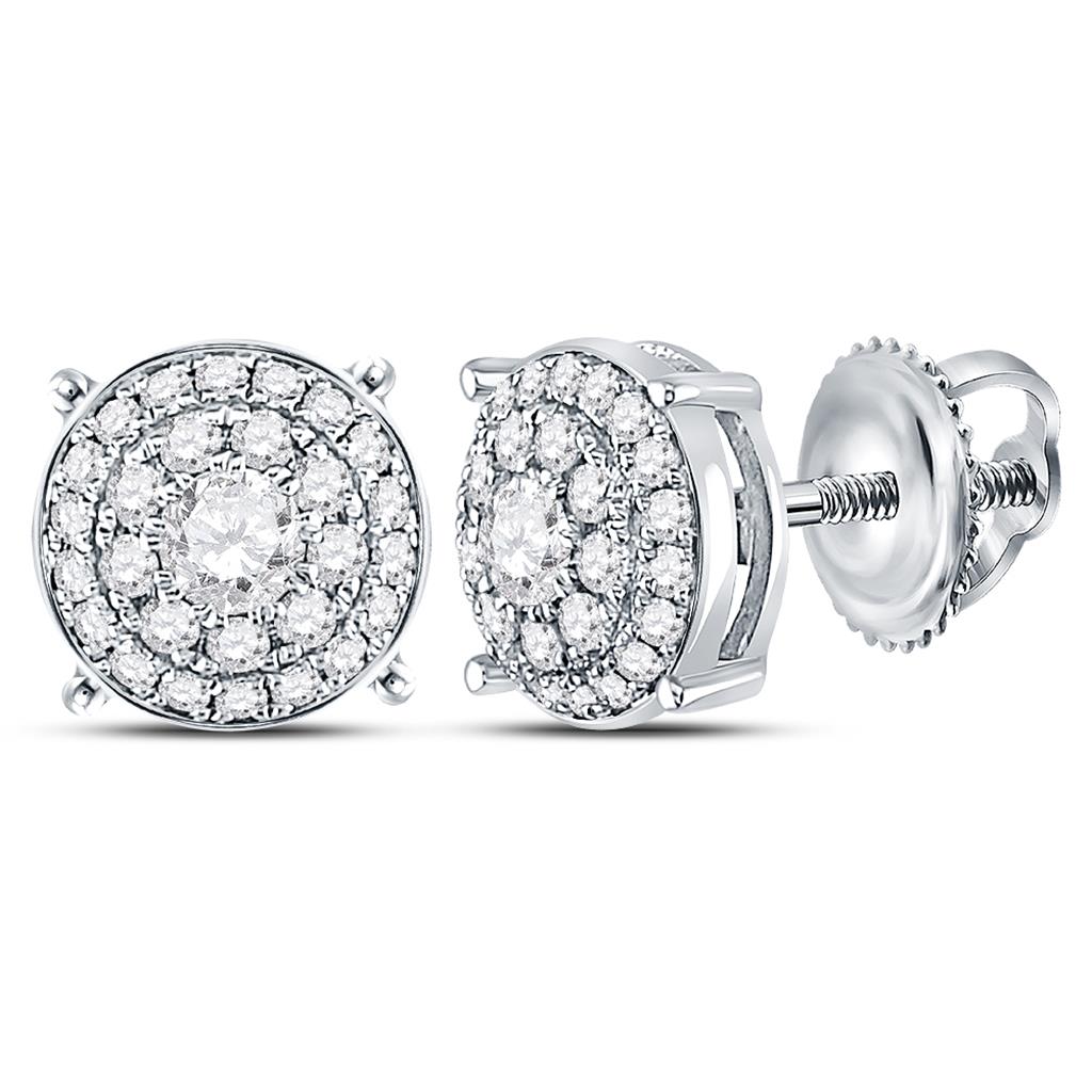 14k White Gold Round Diamond Concentric Circle Cluster Earrings 1/2 Cttw