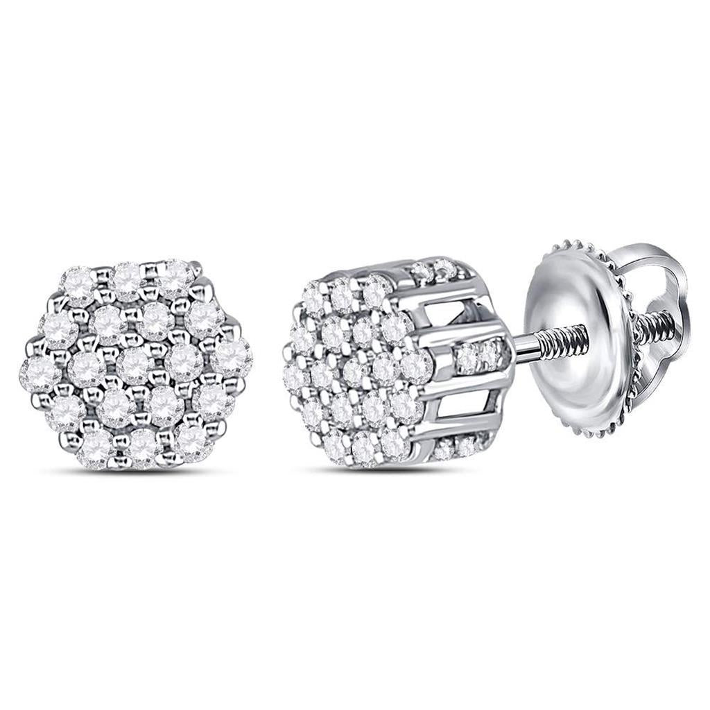 14kt White Gold Round Diamond Hexagon Cluster Earrings 1/4 Cttw