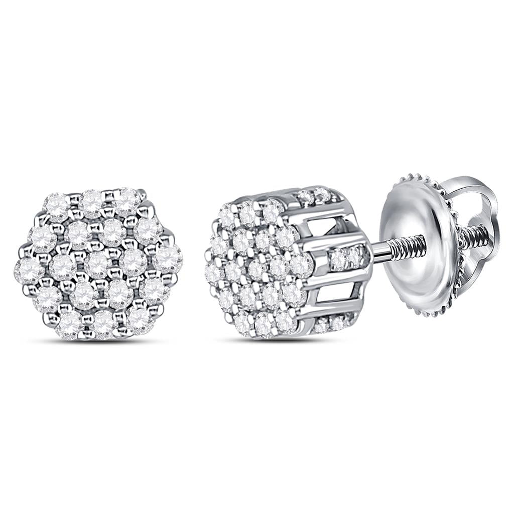 14kt White Gold Round Diamond Hexagon Cluster Earrings 1/4 Cttw