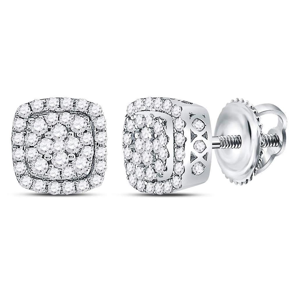 14kt White Gold Round Diamond Square Frame Cluster Earrings 1/2 Cttw