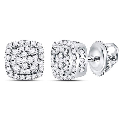 14kt White Gold Round Diamond Square Frame Cluster Earrings 1/2 Cttw