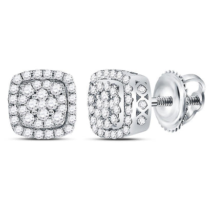 14kt White Gold Round Diamond Square Frame Cluster Earrings 1/2 Cttw