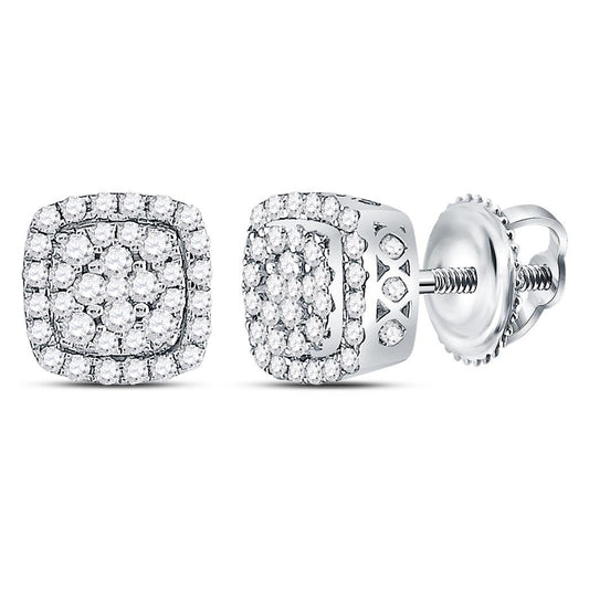 14kt White Gold Round Diamond Square Frame Cluster Earrings 1/2 Cttw