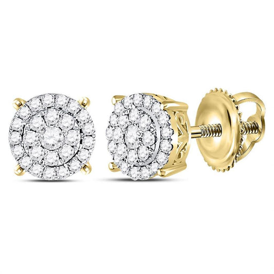 14kt Yellow Gold Round Diamond Concentric Circle Cluster Earrings 1/3 Cttw