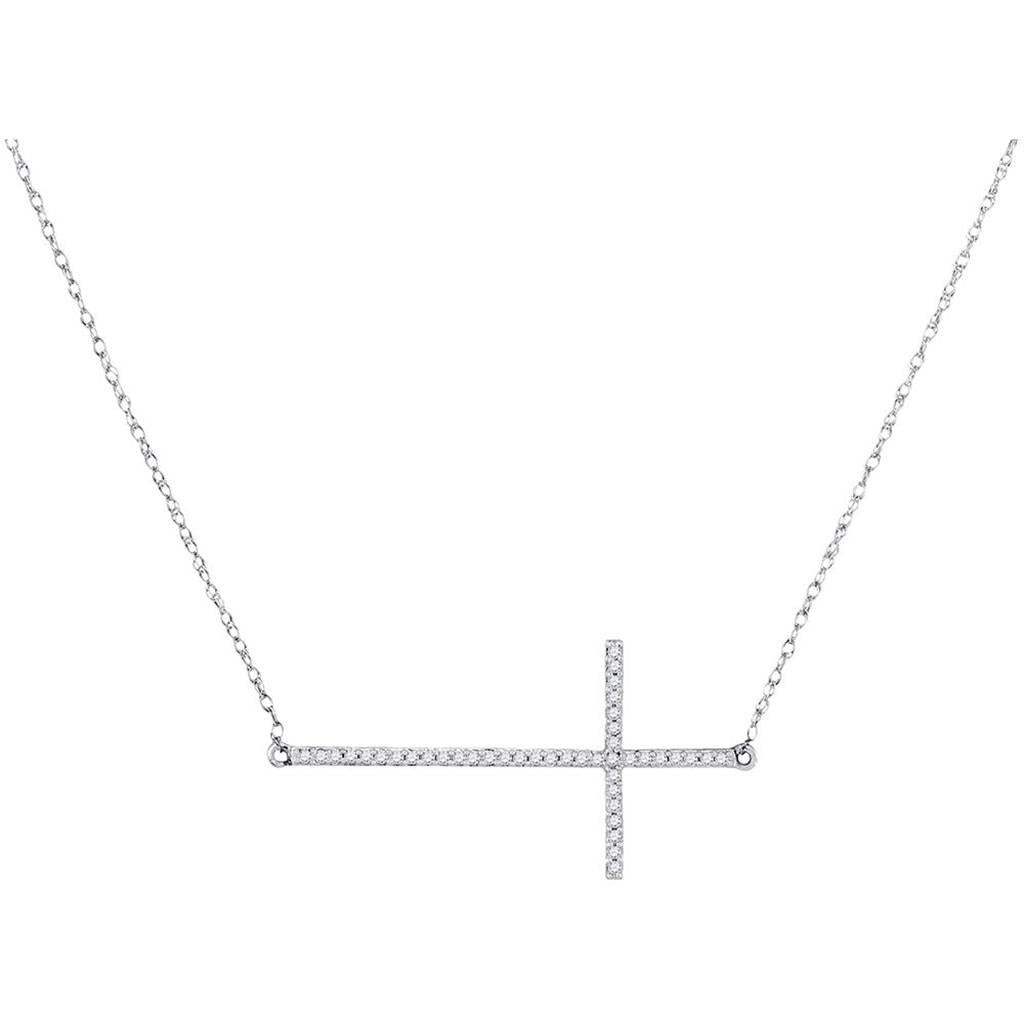 14k White Gold Round Diamond Cross Necklace 1/8 Cttw
