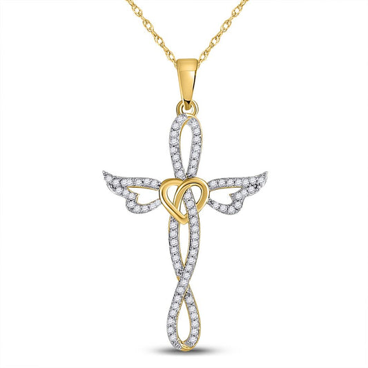 1/5 Ct. Natural Diamond Angel Winged & Heart Cross Pendant in 10K Yellow Gold