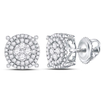 14kt White Gold Round Diamond Circle Frame Cluster Earrings 1 Cttw