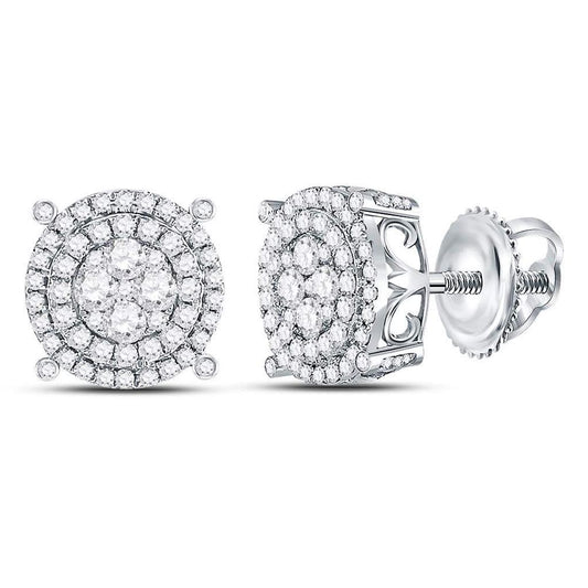 14kt White Gold Round Diamond Circle Frame Cluster Earrings 1 Cttw