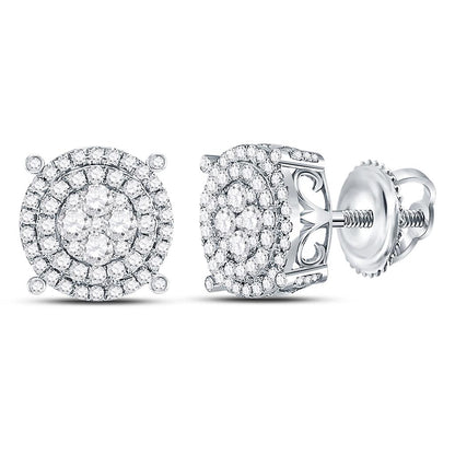 14kt White Gold Round Diamond Circle Frame Cluster Earrings 1 Cttw