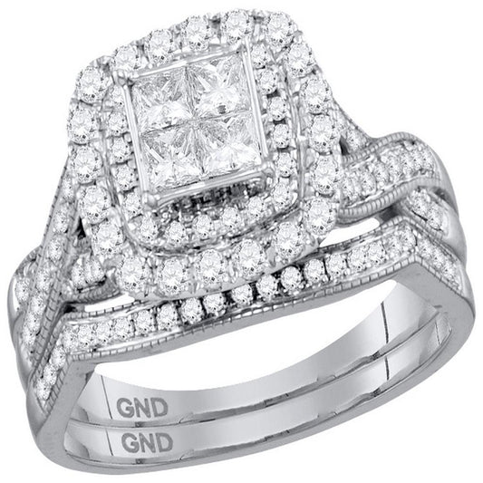 14k White Gold Princess Diamond Halo Bridal Wedding Ring Set 1 Cttw