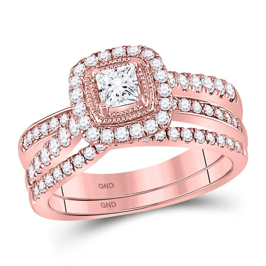14k Rose Gold Princess Diamond Wedding Ring Set 1 Cttw (Certified)