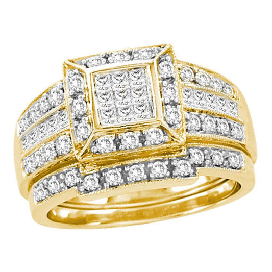 14k Yellow Gold Milgrain Princess Diamond Bridal Wedding Ring Set 1 Cttw