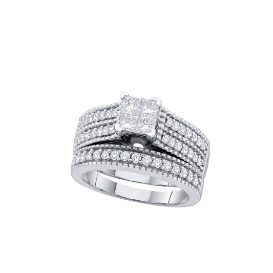 14k White Gold Princess Diamond Milgrain Bridal Wedding Ring Set 1 Cttw