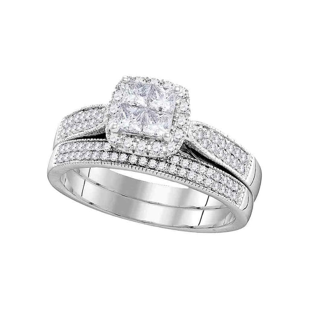 14k White Gold Princess Diamond Halo Bridal Wedding Ring Set 3/4 Cttw