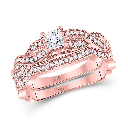 14k Rose Gold Princess Diamond Bridal Wedding Ring Set 3/4 Cttw (Certified)