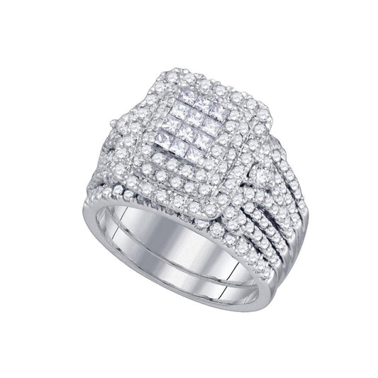 14k White Gold Diamond Cluster Wedding Bridal Ring Set 2 Cttw