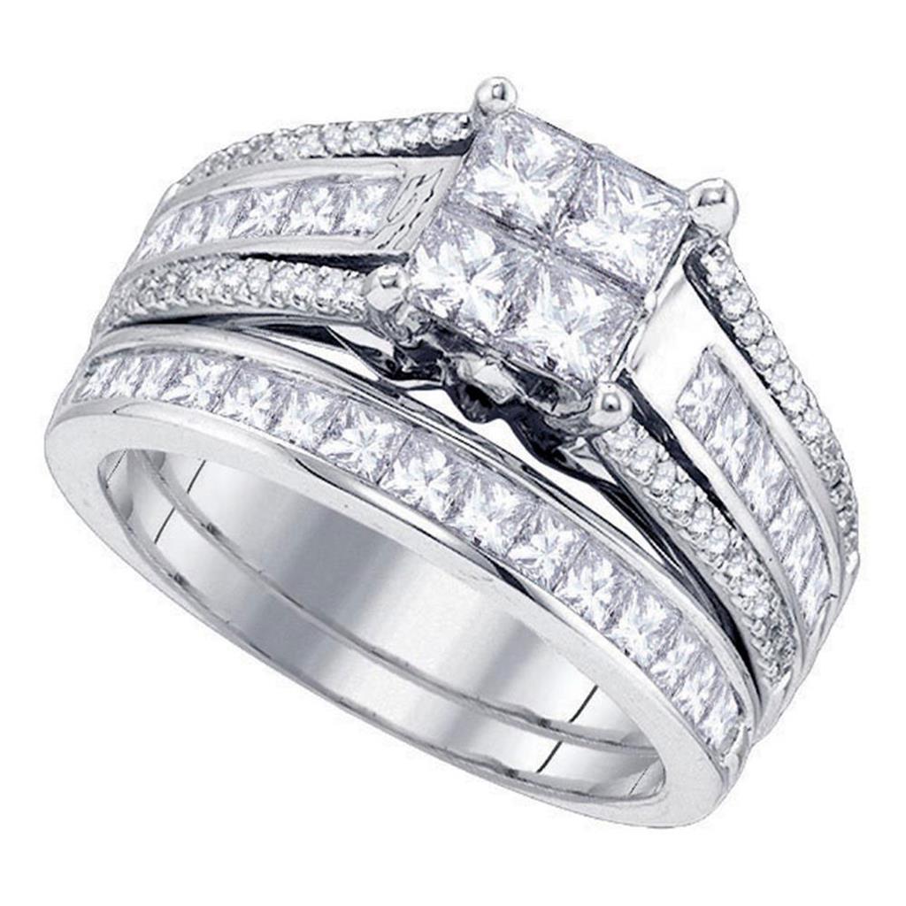 14k White Gold Princess Diamond Cluster Bridal Wedding Ring Set 1-7/8 Cttw