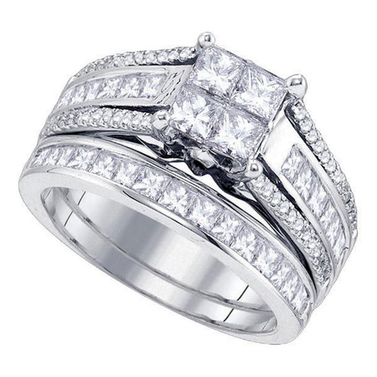 14k White Gold Princess Diamond Cluster Bridal Wedding Ring Set 1-7/8 Cttw
