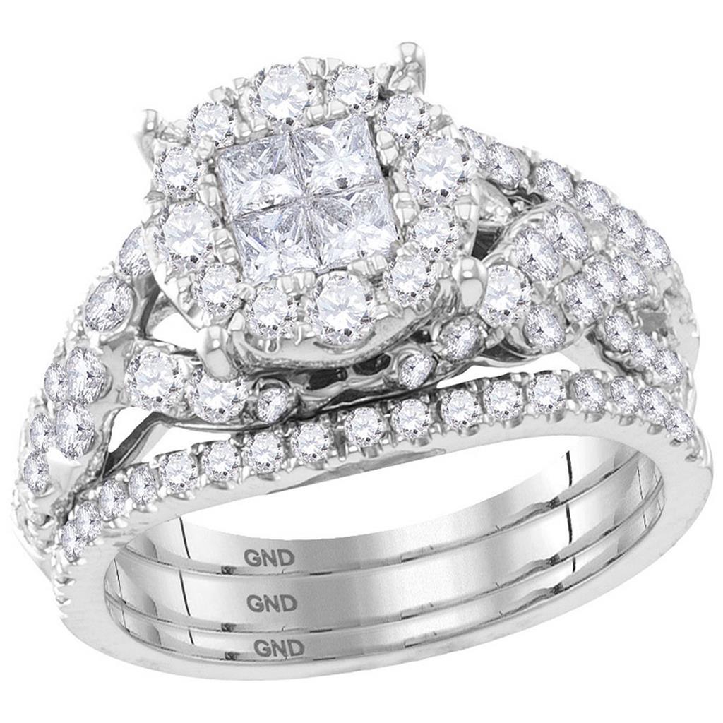 14k White Gold Princess Round Diamond Bridal Wedding Ring Set 2 Cttw