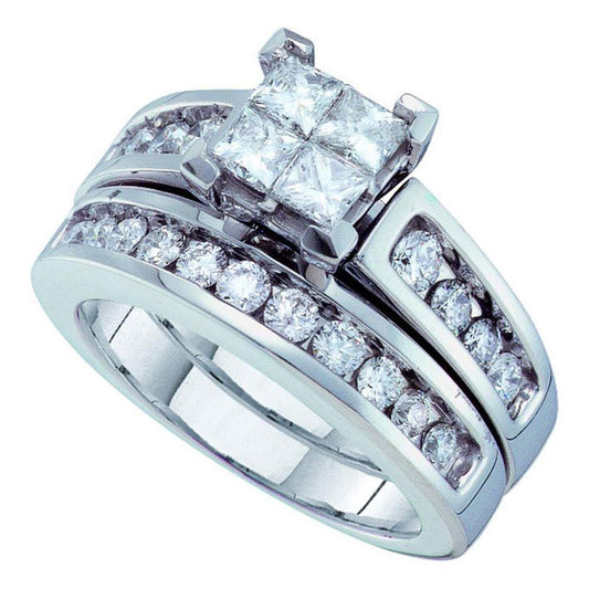 14k White Gold Princess Diamond Bridal Wedding Ring Set 1-1/2 Cttw