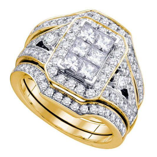 14k Yellow Gold Princess Invisible-set Diamond Wedding Bridal Ring Set 2 Cttw