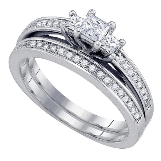 14k White Gold Princess Diamond 3-Stone Bridal Wedding Ring Set 5/8 Cttw