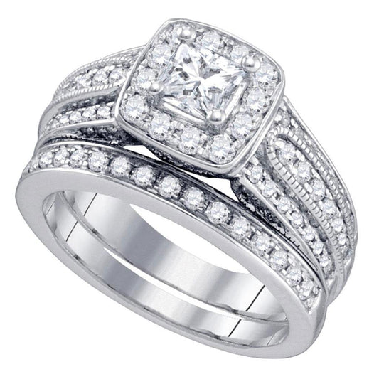 14k White Gold Princess Diamond Solitaire Halo Engagement Ring Set 1-1/2 Cttw