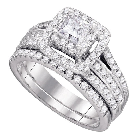 14k White Gold Princess Diamond Bridal Wedding Ring Set 1-1/2 Cttw
