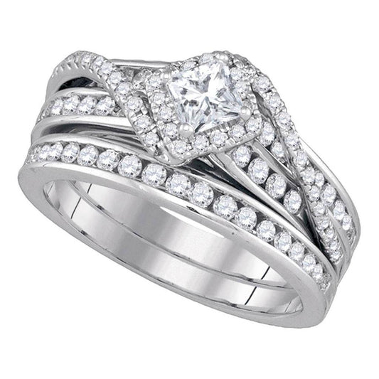 14k White Gold Princess Diamond Bridal Wedding Ring Set 1-1/4 Cttw (Certified)