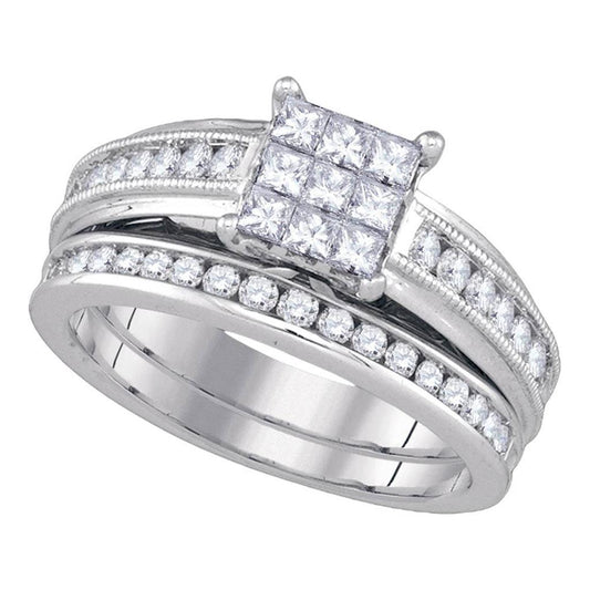 14k White Gold Princess Diamond Cluster Bridal Wedding Ring Set 1 Cttw
