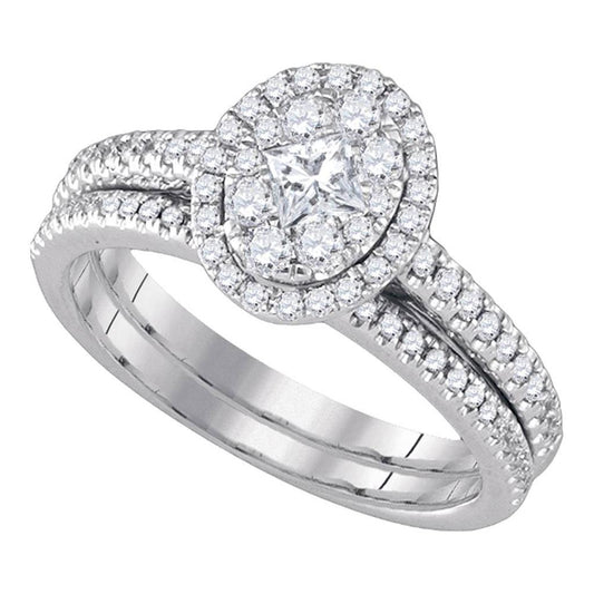 14k White Gold Diamond Oval Cluster Halo Bridal Wedding Ring Set 3/4 Cttw