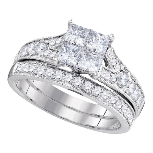14k White Gold Princess Diamond Bridal Wedding Ring Set 1-1/2 Cttw