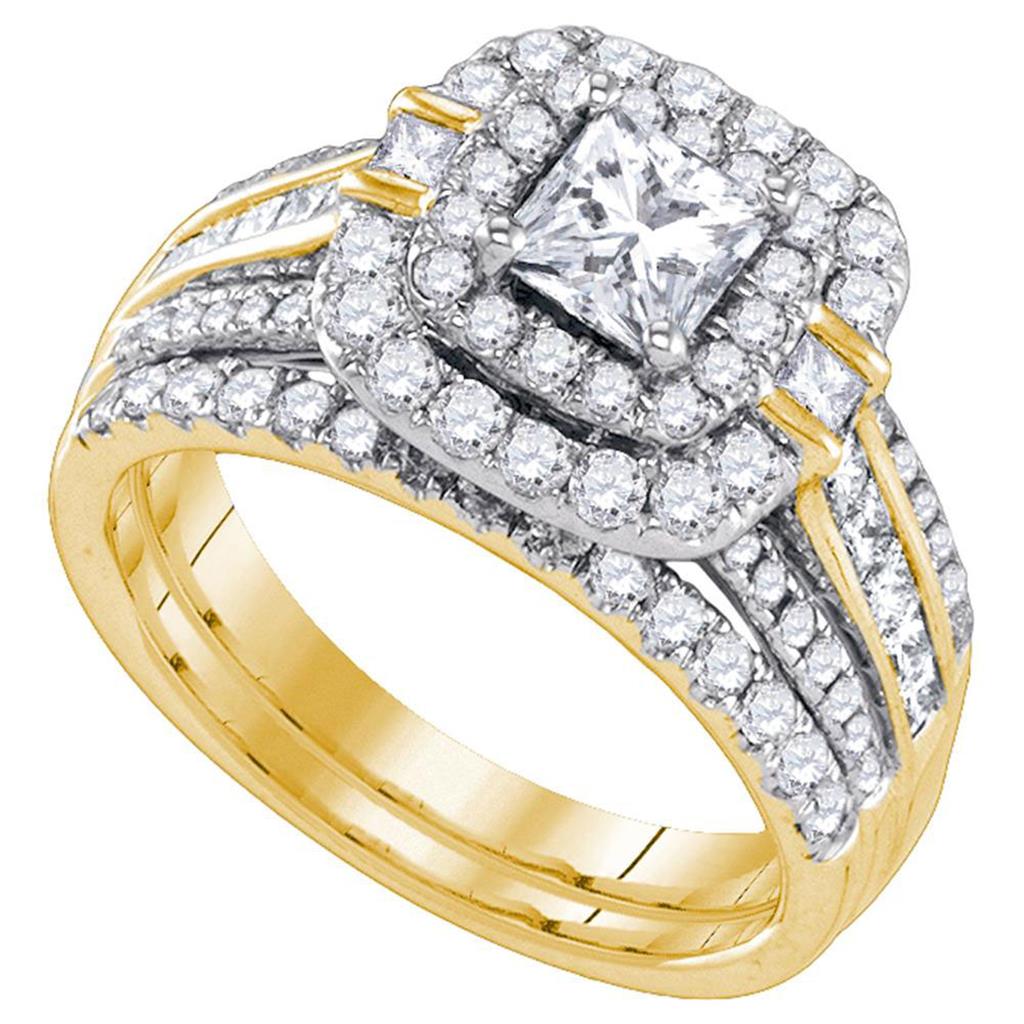 14k Yellow Gold Princess Diamond Double Halo Bridal Engagement Ring Set 2 Cttw