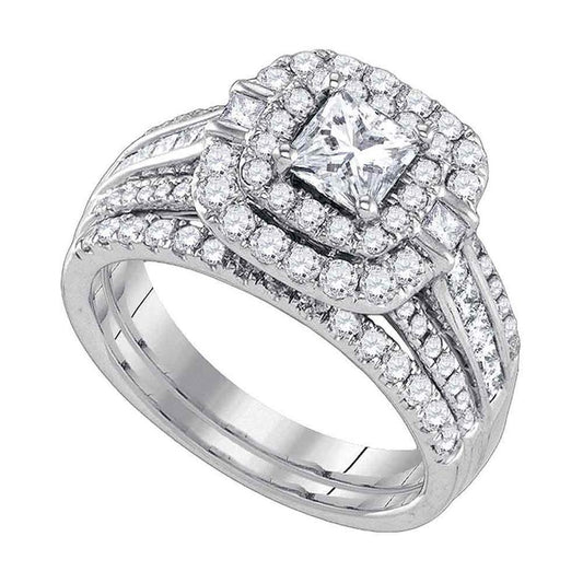 14k White Gold Diamond Princess Double Halo Bridal Engagement Ring Set 2 Cttw