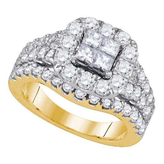 14k Yellow Gold Princess Diamond Cluster Halo Bridal Engagement Ring 2-1/2 Cttw
