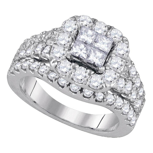 14k White Gold Princess Diamond Cluster Halo Bridal Engagement Ring 2-1/2 Cttw