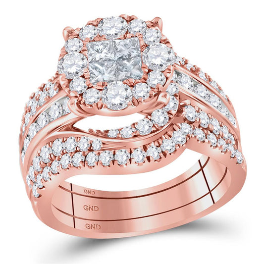 14k Rose Gold Princess Round Diamond Bridal Wedding Ring Set 2-1/2 Cttw