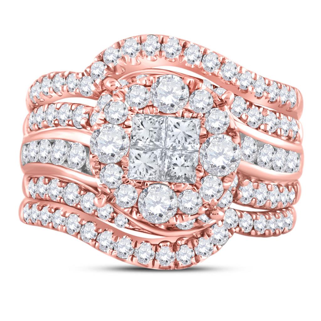 14k Rose Gold Princess Round Diamond Bridal Wedding Ring Set 2-1/2 Cttw