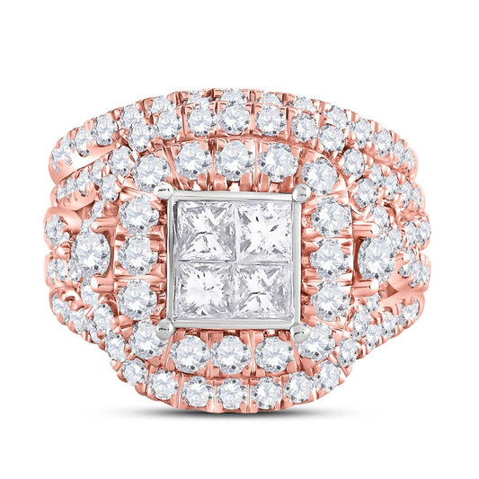 14k Rose Gold Princess Diamond Cluster Bridal Wedding Ring Set 3-1/3 Cttw