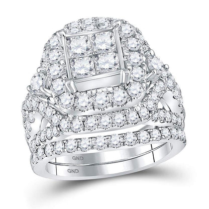 14k White Gold Princess Diamond Cluster Bridal Wedding Ring Set 3-1/3 Cttw
