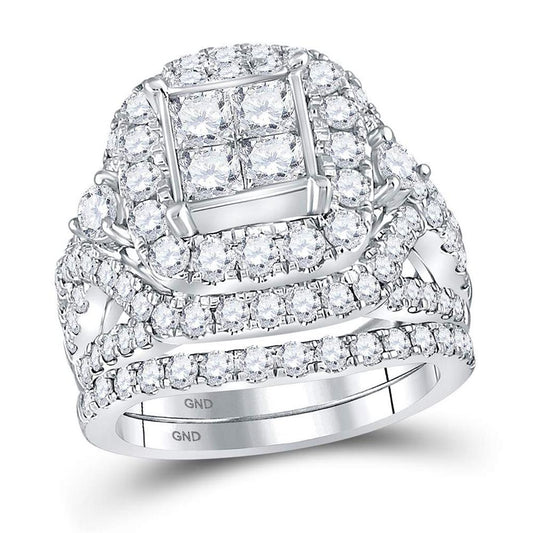14k White Gold Princess Diamond Cluster Bridal Wedding Ring Set 3-1/3 Cttw