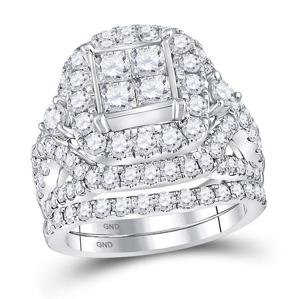 14k White Gold Princess Diamond Cluster Bridal Wedding Ring Set 3-1/3 Cttw