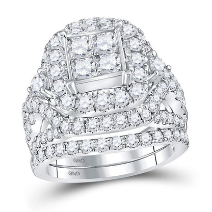 14k White Gold Princess Diamond Cluster Bridal Wedding Ring Set 3-1/3 Cttw