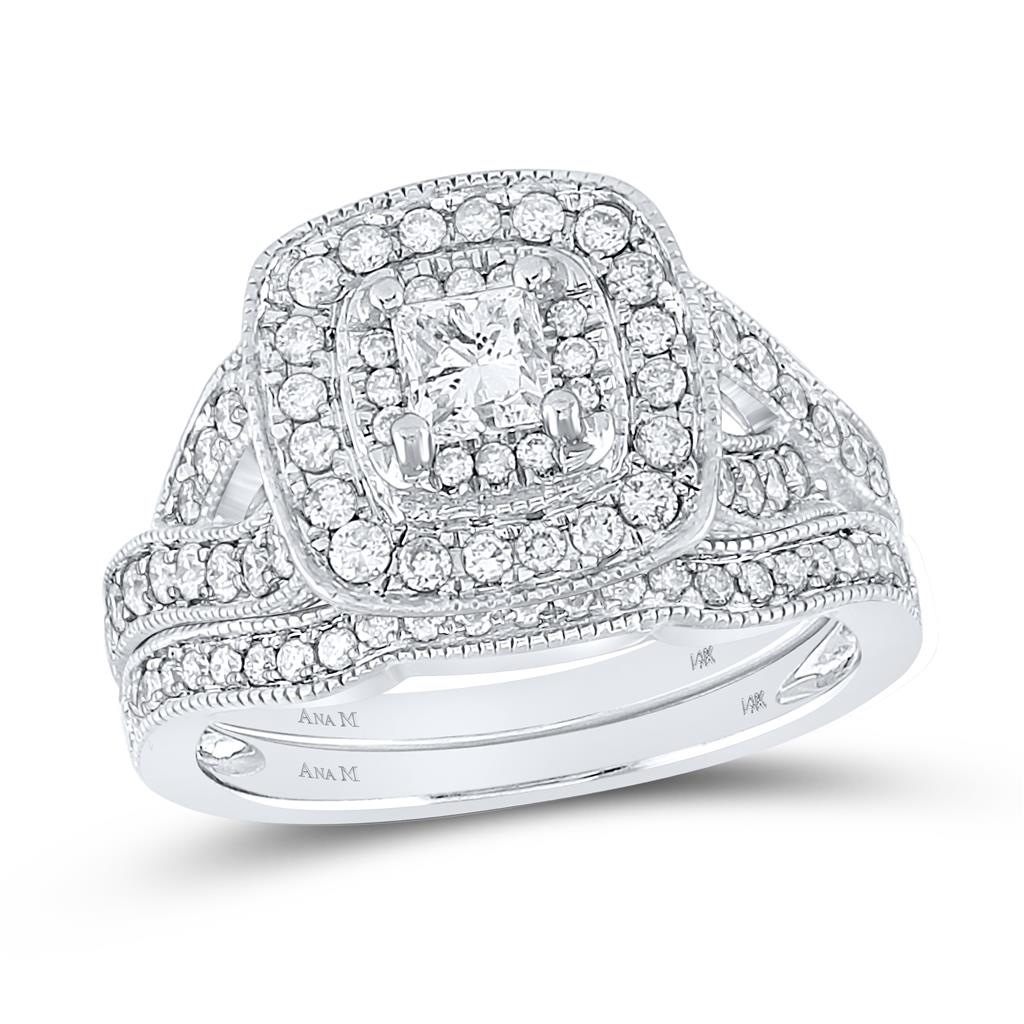 14k White Gold Princess Diamond Bridal Wedding Ring Set 1-1/8 Cttw (Certified)