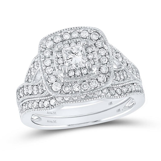 14k White Gold Princess Diamond Bridal Wedding Ring Set 1-1/8 Cttw (Certified)