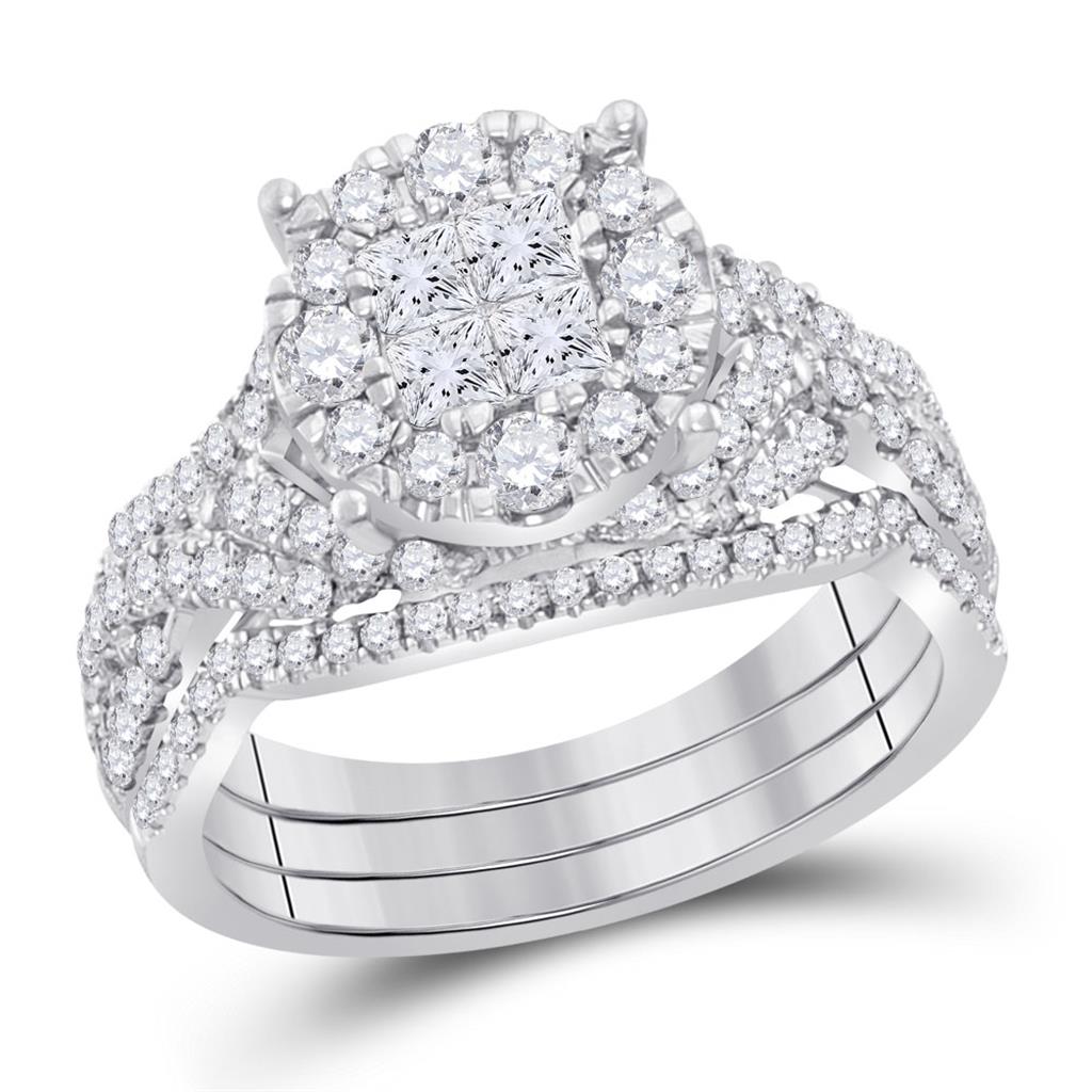 14k White Gold Princess Diamond Bridal Wedding Ring Set 1-1/2 Ctw